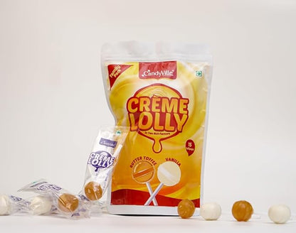 CandyVille CremeLolly Butter Toffee and Vanilla Flavoured Lollipops - 45 Pieces (3 Units x 15 Pieces)