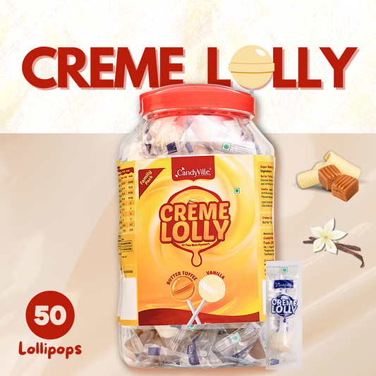 CandyVille CremeLolly Butter Toffee and Vanilla Flavoured Lollipops Jar 50 Pieces (600g)