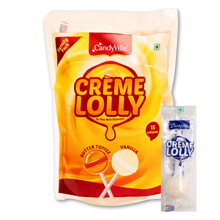 CandyVille CremeLolly Butter Toffee and Vanilla Flavoured Lollipops - 45 Pieces (3 Units x 15 Pieces)